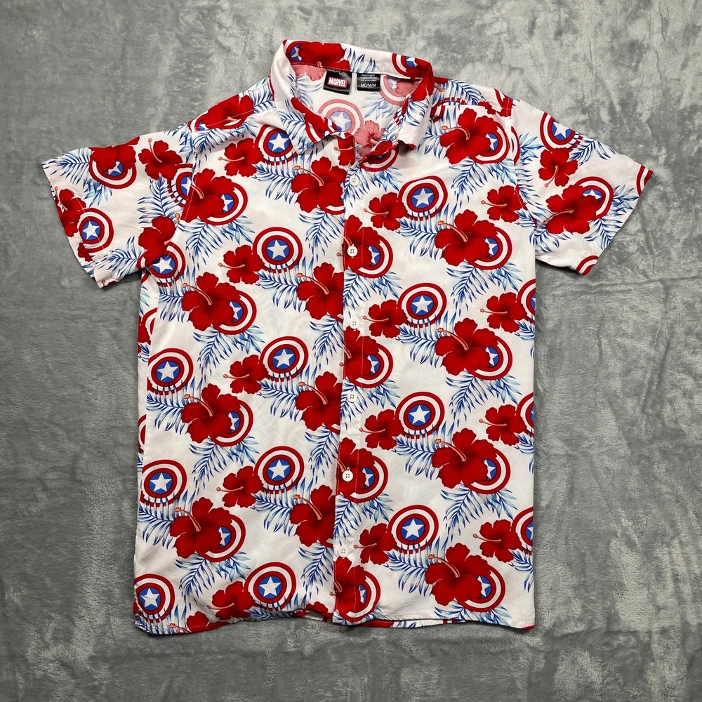 Marvel‎ Captain America Button Down Shirt Men White Red Blue Aloha Hibiscus M